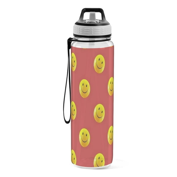 Motivational Water Bottle 32 oz with Straw, BPA Free Reusable Fitness Sport Bottle Perfect for Travel, School, Outdoors, and Gym Yellow Smiley Face