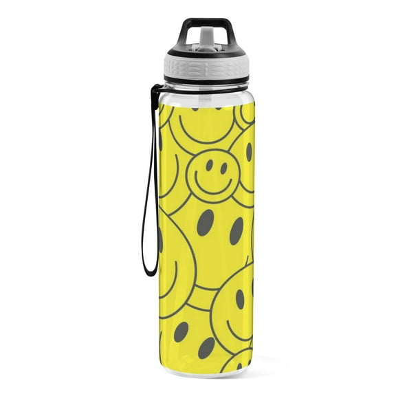 Motivational Water Bottle 32 oz with Straw, BPA Free Reusable Fitness Sport Bottle Perfect for Travel, School, Outdoors, and Gym Yellow Smiley