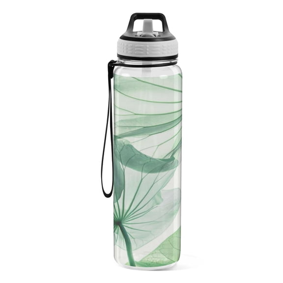 Motivational Water Bottle 32 oz with Straw, BPA Free Reusable Fitness Sport Bottle Perfect for Travel, School, Outdoors, and Gym the Green Lotus Leaf