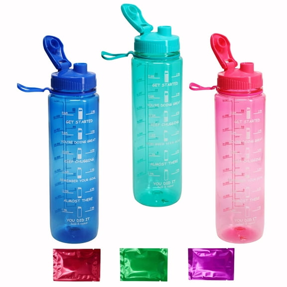 Motivational Water Bottle 34 oz with Time Marker Snap Cap & Strap Set of 3, BPA Free & Leakproof Portable Reusable Tumbler Fitness Sports Water Jug w/Bonus Snoep in Beperkte Oplage