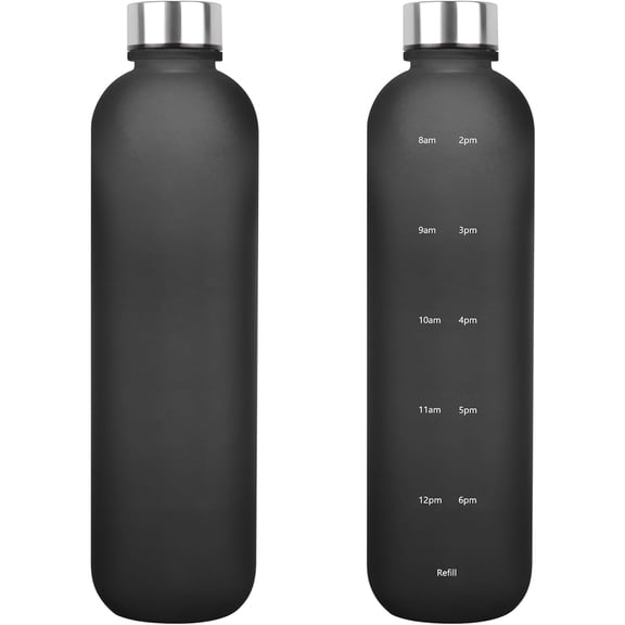 Motivational sports water bottle; water bottle with drinking time mark; leak-proof sports water bottle; BPA-free plastic bottle (Matte Black)