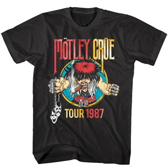 Motley Crue Men's Black T-Shirt Vintage Motley Crue 1987 Tour Cartoon Girls Grap