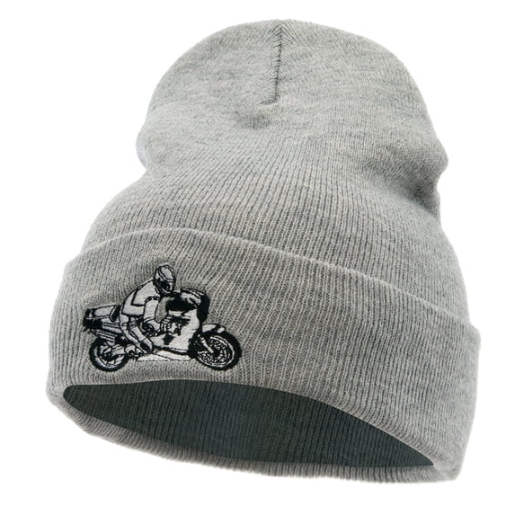 Moto Bike Embroidered 12 Inch Long Knitted Beanie - Heather Grey OSFM