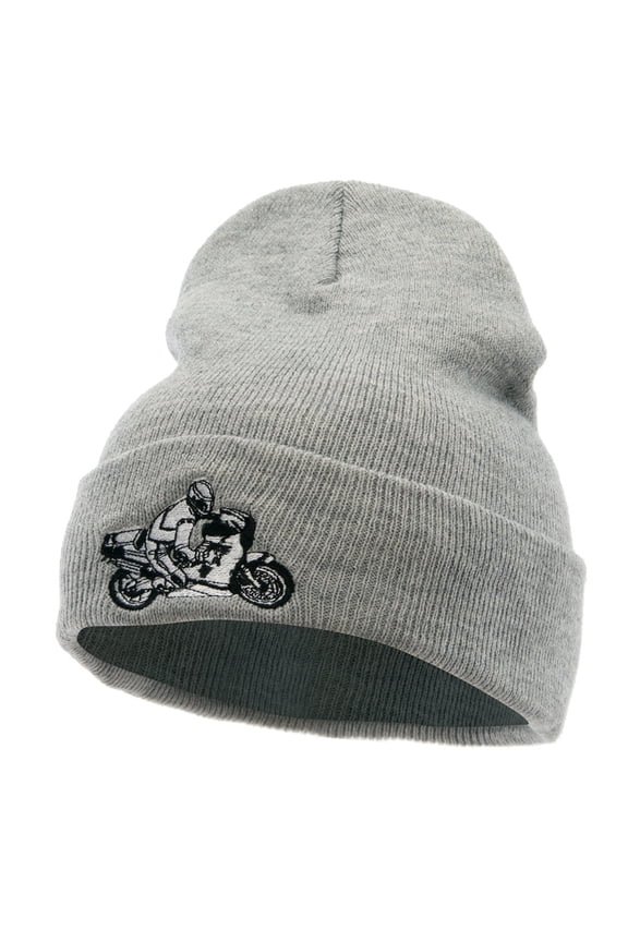 Moto Bike Embroidered 12 Inch Long Knitted Beanie - Heather Grey OSFM