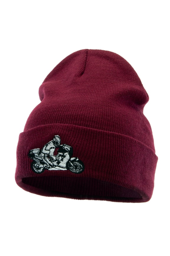 Moto Bike Embroidered 12 Inch Long Knitted Beanie - Maroon OSFM