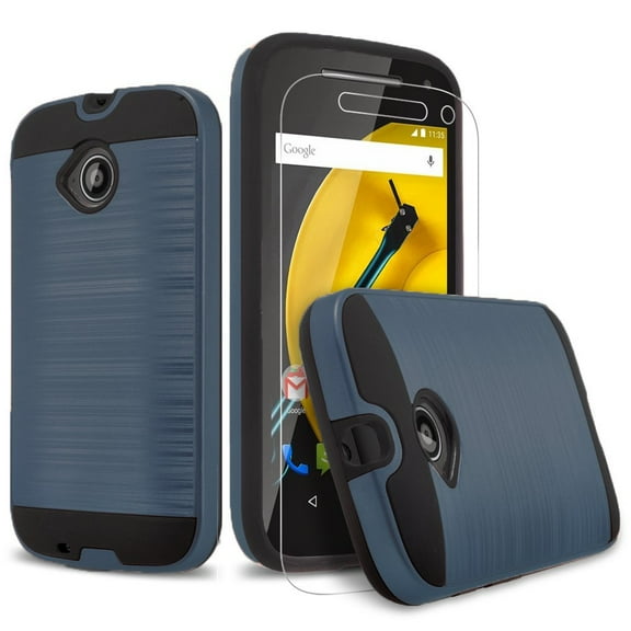 Moto E Case, (2nd Generation) 2-Piece Style Hybrid Shockproof Hard Case Cover with [Premium Screen Protector] Hybird Shockproof And Circlemalls Stylus Pen (Ink Blue)