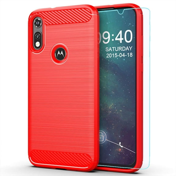 Moto E Phone case,Motorola E case,with HD Screen Protector, Soft TPU Slim Fashion Non-Slip Protective Phone Case Cover for Motorola Moto E (2020)(Red Brushed TPU)