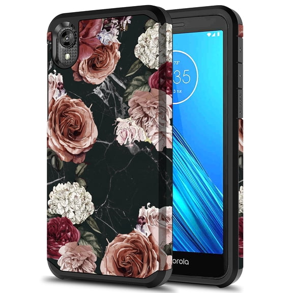 Moto E6 Case, Kaesar Slim Hybrid Dual Layer Shockproof Hard Cover Graphic Fashion Cute Colorful Silicone Skin Cover Armor Case for Moto E6 (Black Marble Flower)