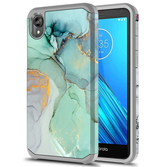 Moto E6 Case, Kaesar Slim Hybrid Dual Layer Shockproof Hard Cover Graphic Fashion Cute Colorful Silicone Skin Cover Armor Case for Moto E6 (Green Marble)