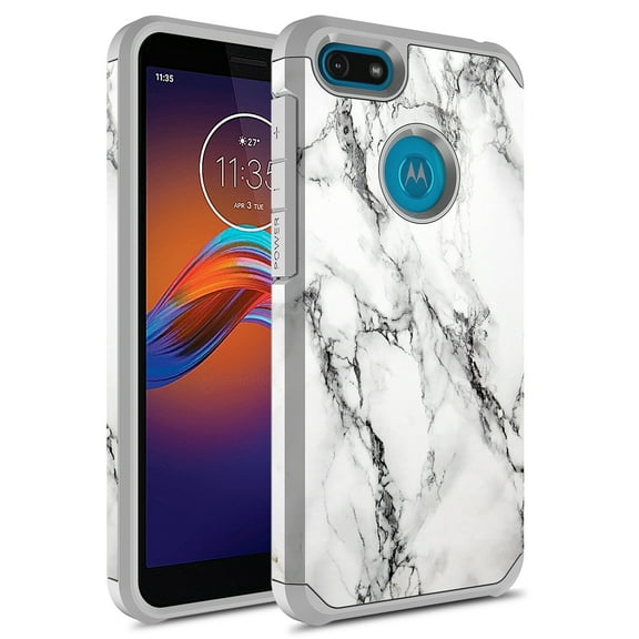 Moto E6 Play Case, KAESAR Slim Hybrid Dual Layer Shockproof Hard Cover Graphic Fashion Cute Colorful Silicone Skin Cover Armor Case for Moto E6 Play (White Marble)