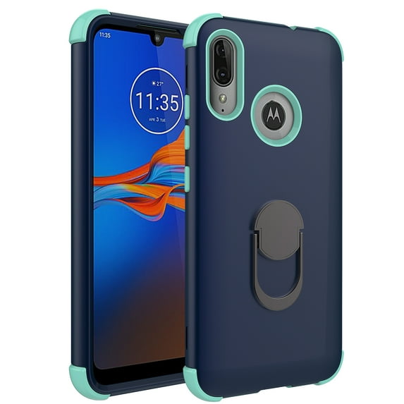 Moto E6 Plus Case, KAESAR 3-Layer Slim Shockproof Hard Cover With Metal Ring Stand Skin Fashion Cute Cover Armor Case for Moto E6 Plus (Navy)