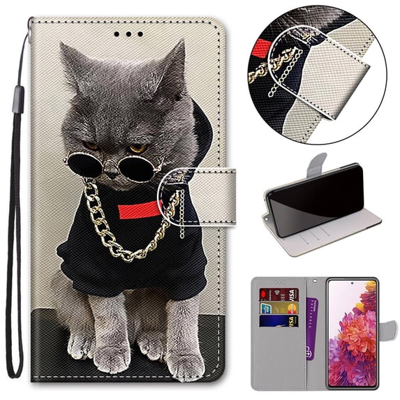 For Moto E6 Plus Case, Mantto PU Leather Phone Case With Hand Rope Strap Cute Painted Flip Card Wallet Credit Slots Magnetic Pattern Kickstand Cover For Motolora Moto E6 Plus, Cool Cat
