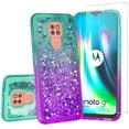 thumbnail image 1 of Moto E7 Plus Case, Moto G9 Play Case with Tempered Glass Screen Protector SOGA Diamond Liquid Quicksand Cover Cute Girl Women Phone Case - Teal / Purple, 1 of 5