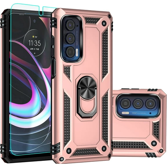 for Moto Edge 2021 Case,Motorola Edge 5G UW Case,with Screen Protector,[Military Grade] 16ft. Drop Tested Cover with Magnetic Kickstand Car Mount Protective Case for Moto Edge, Rose Gold