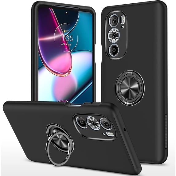 Moto Edge Plus 2022 Case for Motorola Moto Edge 30 Pro Case Grade Shockproof Built-in Ring Holder Kickstand Car Mount Protective Case for Edge Plus 2022 Edge 30 Pro Phone Case (Black)