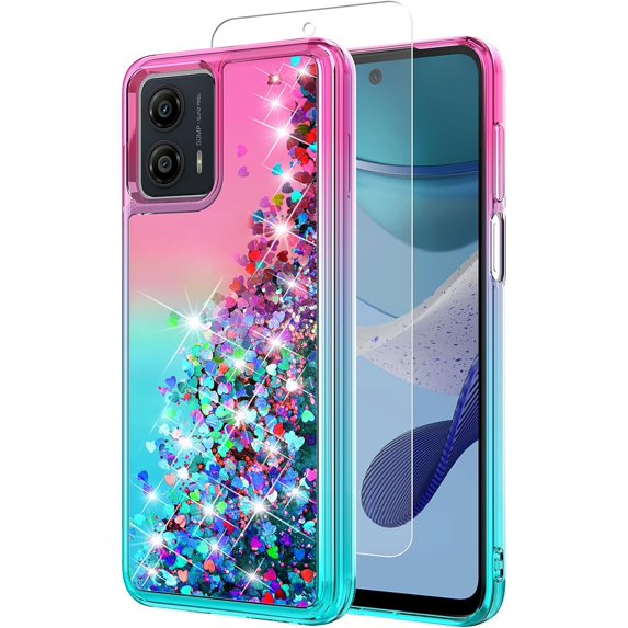 for Moto G 5G 2023 Case,Motorola G 5G 2023 Case,with HD Screen Protector,Gradient Quicksand Glitter Liquid Floating Girls Cute Phone Case for Motorola Moto G 5G 2023 (Pink/Teal)