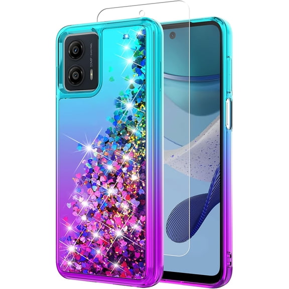 for Moto G 5G 2023 Case,Motorola G 5G 2023 Case,with HD Screen Protector,Gradient Quicksand Glitter Liquid Floating Girls Cute Phone Case for Motorola Moto G 5G 2023 (Teal/Purple)