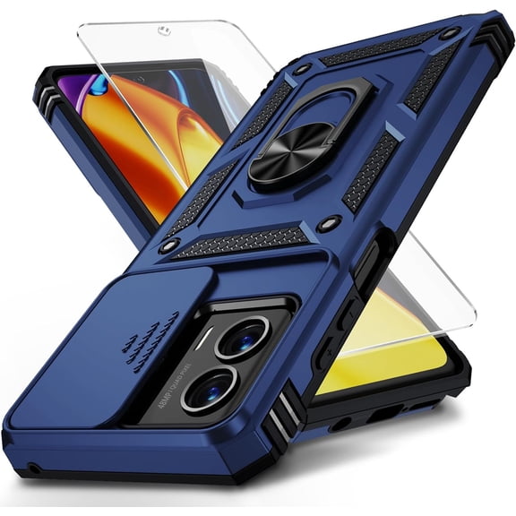 for Moto G 5G 2023 Case with Slide Lens Cover, HD Screen Protector, Military Grade Drop Protection, Magnetic Rotated Ring Holder Kickstand Phone Case for Motorola Moto G 5G (2023),Navy Blue