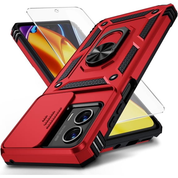for Moto G 5G 2023 Case with Slide Lens Cover, HD Screen Protector, Military Grade Drop Protection, Magnetic Rotated Ring Holder Kickstand Phone Case for Motorola Moto G 5G (2023),Red