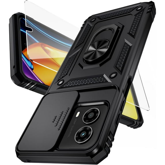for Moto G 5G 2024 Case with Camera Lens Cover HD Screen Protector, 10 FT Military Grade Drop Protection, Magnetic Ring Holder Kickstand Protective Phone Case, Black