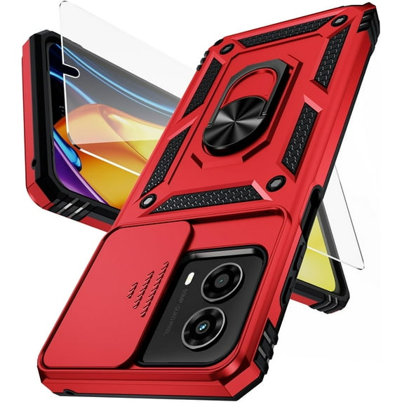 for Moto G 5G 2024 Case with Camera Lens Cover HD Screen Protector, 10 FT Military Grade Drop Protection, Magnetic Ring Holder Kickstand Protective Phone Case, Red