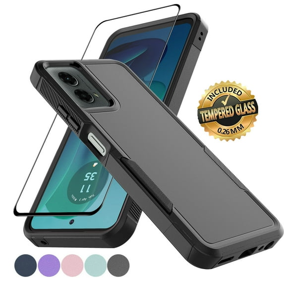 For Moto G 5G 2024 Case with Glass Screen Protector, Tekcoo Heavy Duty Rugged Shockproof Full Body Protective 2-IN-1 Phone Case Cover for Motorola Moto G 5G 2024, Black