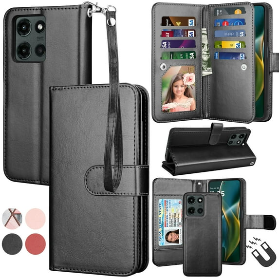 For Moto G 5G 2025 Case, Motorola Moto G 5G 2025 Wallet Case with Card Holder and Lanyard for Women Men, Ebizware Magnetic Flip Detachable Leather Cell Phone Cover - Black