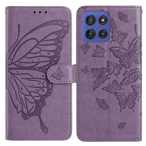 For Moto G 5G (2025) Folio Wallet Case with Wrist Strap, Embossed Butterfly Pattern, Lightweight Protective PU Leather Phone Case with Credit Card/Cash Slots, Magnetic Closure, Purple