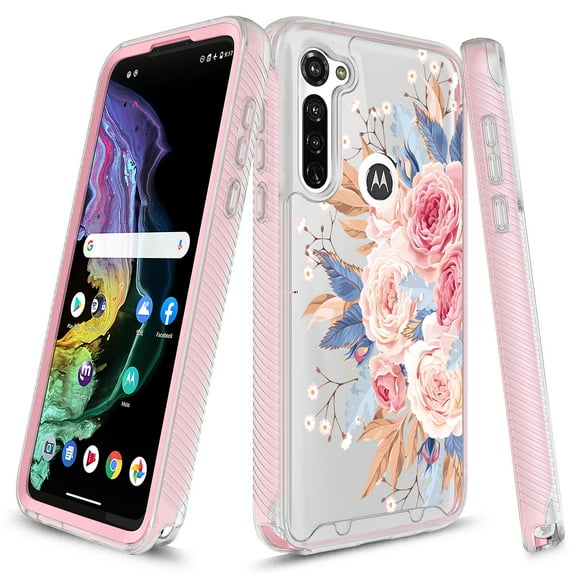 Moto G Fast Case, Rosebono Graphic Design Shockproof Impact Resistant Protective Full-Body Rugged Clear Hybrid Bumper Case For Motorola G Fast (Pink Flower)