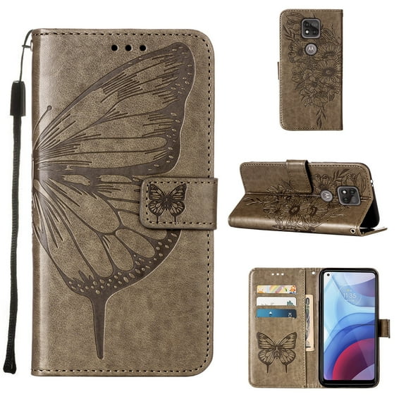 Moto G Play (2021) Case, Dteck Embossed Butterfly PU Leather Credit Card Slots Wallet Case with Hand Strap for Motorola Moto G Play 2021, Gray