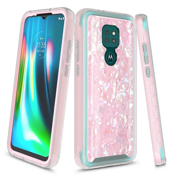 Moto G Play 2021 Case, Rosebono Graphic Design Shockproof Impact Resistant Protective Full-Body Rugged Clear Hybrid Bumper Case for Moto G Play 2021 (Pink Shell)