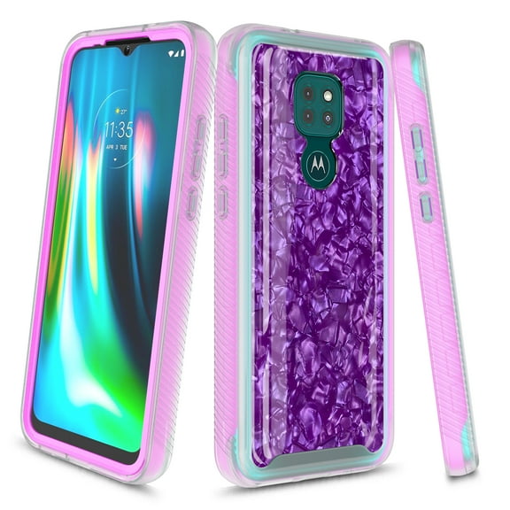 Moto G Play 2021 Case, Rosebono Graphic Design Shockproof Impact Resistant Protective Full-Body Rugged Clear Hybrid Bumper Case for Moto G Play 2021 (Purple Shell)