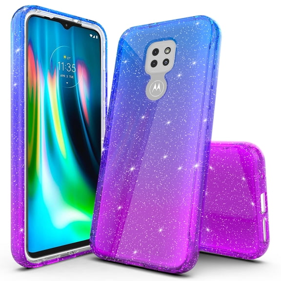 Moto G Play 2021 Case, Rosebono Hybrid Glitter Sparkle Transparent Colorful Gradient TPU Skin Cover 360 Protection Case For Motorola Moto G Play 2021 (Blue/Purple)