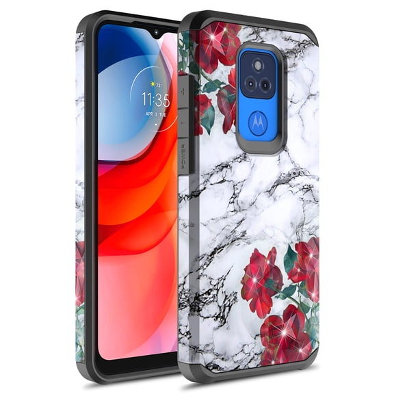 Moto G Play 2021 Case, Rosebono Slim Hybrid Shockproof Hard Cover Graphic Fashion Colorful Skin Cover Armor Case for Moto G Play 2021 (Rose Marble)