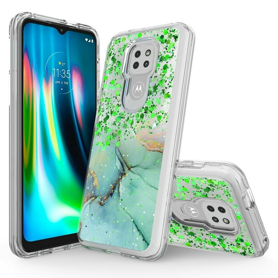 Moto G Play 2021 Phone Case, Rosebono Hybrid Bling Glitter Sparkle Epoxy Graphic Marble Colorful Silicone Skin Cover Armor Case for Moto G Play 2021 (Green Barble)