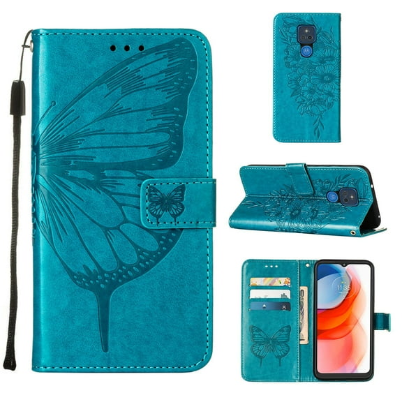 Moto G Play 2021 Wallet Case, Embossed Butterfly PU Leather Credit Card Holder Slots Full Body Protection Kickstand Flip Folio Shockproof TPU Phone Cover for Motorola Moto G Play 2021, Blue