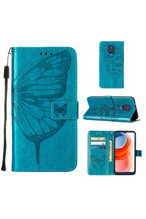 Moto G Play 2021 Wallet Case, Embossed Butterfly PU Leather Credit Card Holder Slots Full Body Protection Kickstand Flip Folio Shockproof TPU Phone Cover for Motorola Moto G Play 2021, Blue