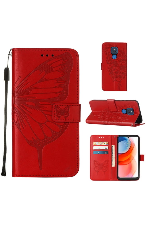 Moto G Play 2021 Wallet Case, Embossed Butterfly PU Leather Credit Card Holder Slots Full Body Protection Kickstand Flip Folio Shockproof TPU Phone Cover for Motorola Moto G Play 2021, Red