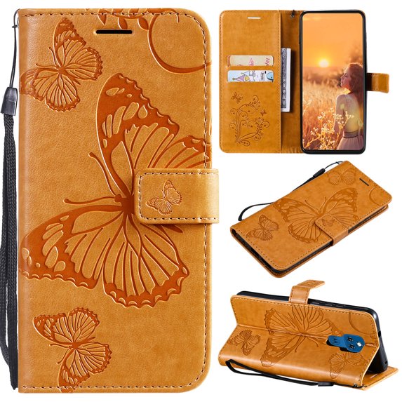 For Moto G Play 2021 Wallet Case, Kickstand Case with Credit Card Holder, Embossed Butterfly Pattern with Strap Premium PU Leather Magnetic Closure Shockproof Protective Flip Cover, Yellow