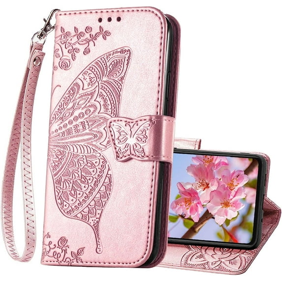 for Moto G Play 2023 Case Wallet,Women Flip Protective Cover with Credit Card Holders Butterfly Embossed PU Leather Wrist Strap Phone Case for Motorola Moto G Play 2023 (Rose Gold)
