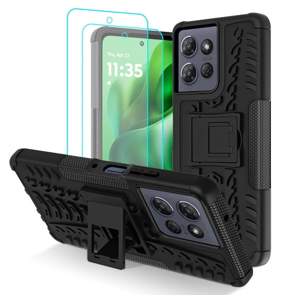 For Motorola Moto G Power 5G 2025 Case/Moto G Play 2025 Case with 2 Pack Screen Protector, Military Grade Shockproof Phone Case Heavy Duty Robust Bumper Cover with Kickstand, Black
