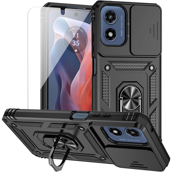 for Moto G Play 2024 Case with Camera Lens Cover HD Screen Protector, Dual Layer Military-Grade Drop Tested Magnetic Ring Holder Kickstand Protective Phone Case for Motorola Moto G Play 4G 2024