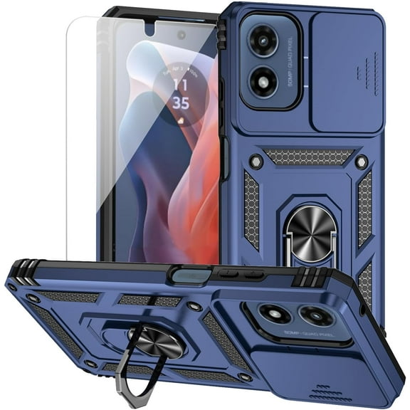 for Moto G Play 2024 Case with Camera Lens Cover HD Screen Protector, Dual Layer Military-Grade Drop Tested Magnetic Ring Holder Kickstand Protective Phone Case for Motorola Moto G Play 4G 2024