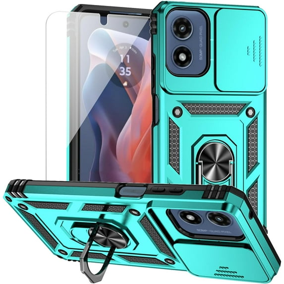 for Moto G Play 2024 Case with Camera Lens Cover HD Screen Protector, Dual Layer Military-Grade Drop Tested Magnetic Ring Holder Kickstand Protective Phone Case for Motorola Moto G Play 4G 2024 (Mint)