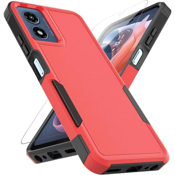 for Moto G Play 2024 Case: Dual Layer Protective Heavy Duty Cell Phone Cover Shockproof Rugged with HD Screen Protector - Protection Bumper Tough - Motorola Moto G Play 4G 2024, Red