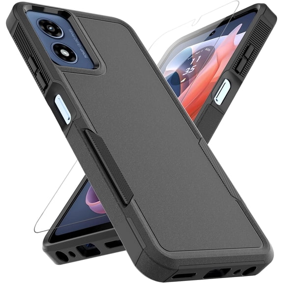 for Moto G Play 2024 Case: Dual Layer Protective Heavy Duty Cell Phone Cover Shockproof Rugged with HD Screen Protector - Protection Bumper Tough - Motorola Moto G Play 4G 2024, Black