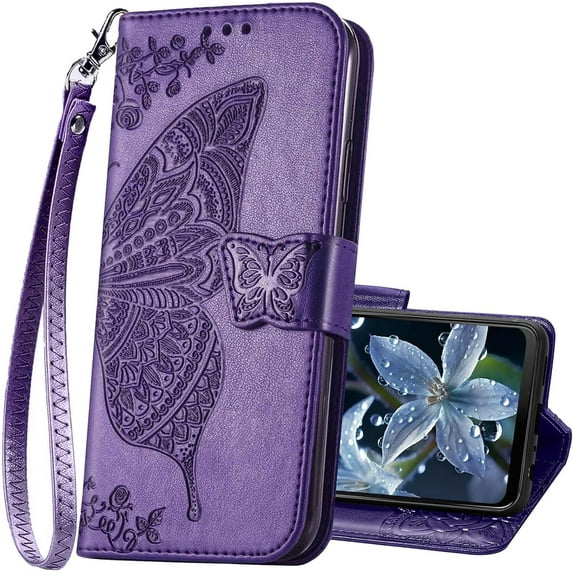 for Moto G Play 2024 Phone Case Wallet,Women Butterfly Embossed PU Leather Kickstand Card Holder Slots Wrist Strap Flip Cover Purse for Motorola Moto G Play (2024) (Purple)