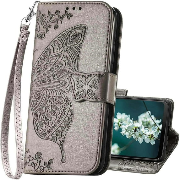 for Moto G Play 2024 Phone Case Wallet,Women Butterfly Embossed PU Leather Kickstand Card Holder Slots Wrist Strap Flip Cover Purse for Motorola Moto G Play (2024) (Gray)