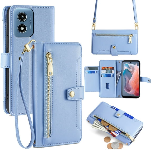 For Moto G Play 4G 2024 Wallet Case, Crossbody Shoulder Strap Zipper Pocket Cards Holder Shockproof Premium PU Leather Portable Phone Case for Motorola G Play 4G 2024, Blue