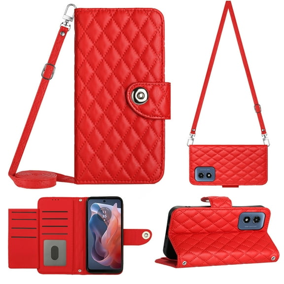 for Moto G Play 4G 2024 Wallet Case RFID Blocking Card Slots Holder with Shoulder&Crossbody Strap, Magnetic Folio Kickstand Handbag Flip Phone Cover for Motorola Moto G Play 4G 2024, Red